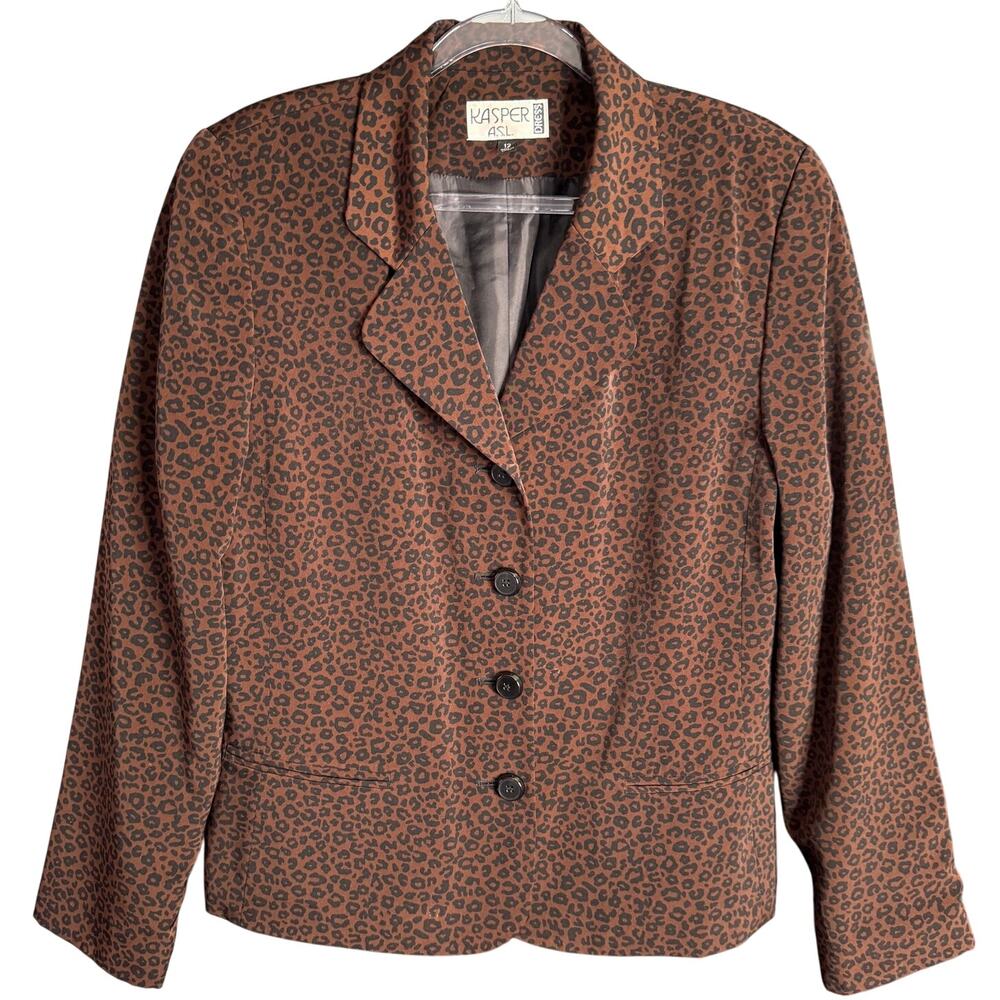 KASPER ASL Vintage Blazer Womens Size 12 Brown Leopard Casual Chic Office Wear